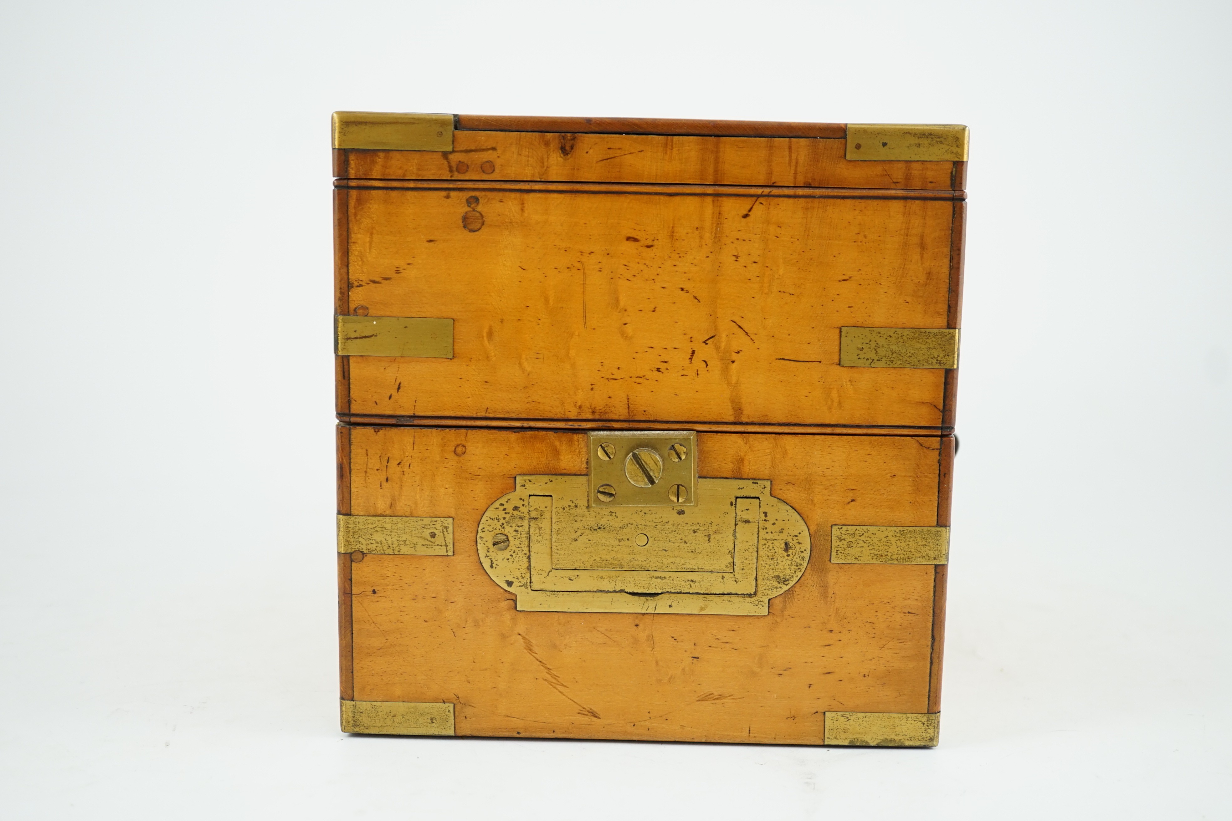 John Carter, Cornhill, London. Maker to the Royal Navy. A brass bound birds eye maple cased two day Marine Chronometer, width 16cm depth 16cm height 16.5cm